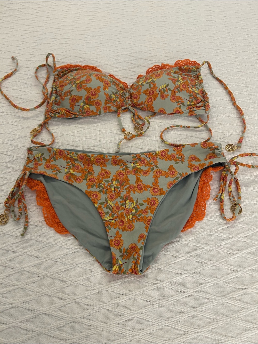 Floral Orange Lace-Trim Bikini Set – Women's Two-Piece Swimwear